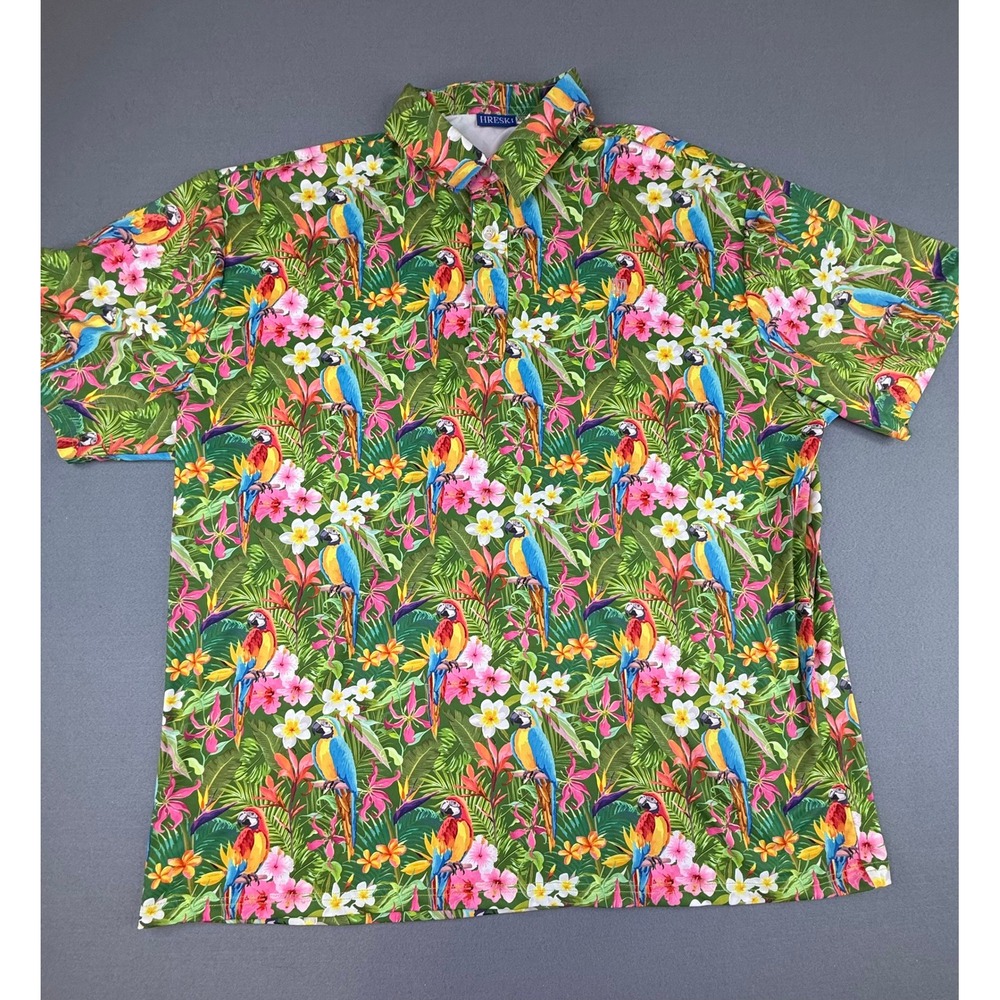 Hreski Polo Shirt Mens XXL Green Tropical Parrot Floral Short Sleeve Golf Polo